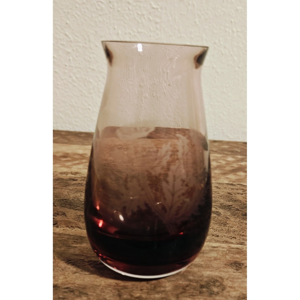 Caithness Aubergine Art Glass Bud Vase Etched Floral Vintage